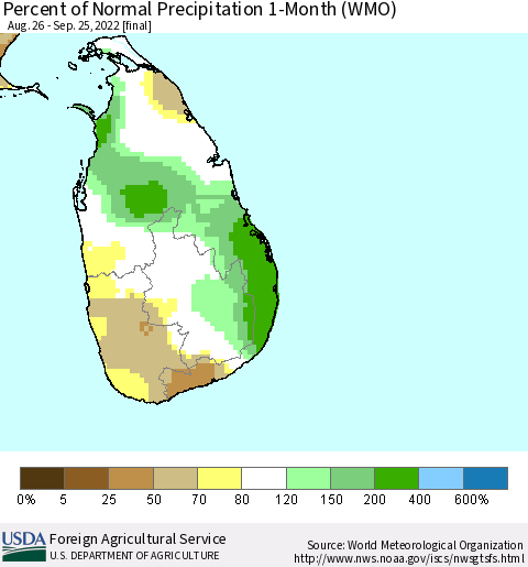 Sri Lanka Percent of Normal Precipitation 1-Month (WMO) Thematic Map For 8/26/2022 - 9/25/2022