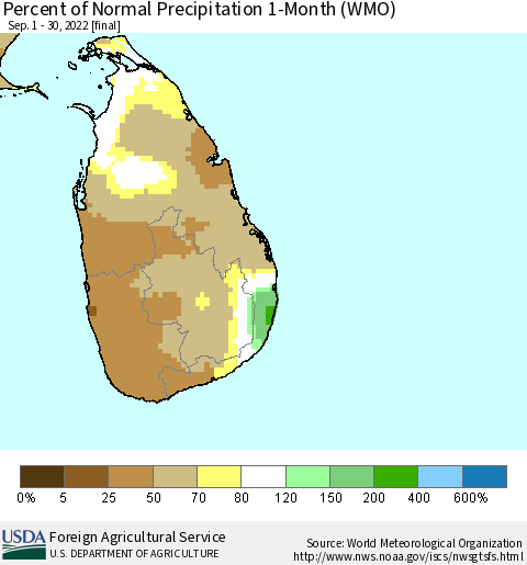 Sri Lanka Percent of Normal Precipitation 1-Month (WMO) Thematic Map For 9/1/2022 - 9/30/2022