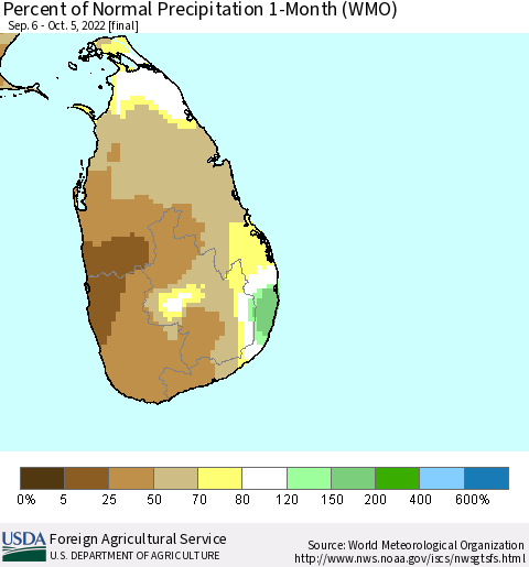Sri Lanka Percent of Normal Precipitation 1-Month (WMO) Thematic Map For 9/6/2022 - 10/5/2022