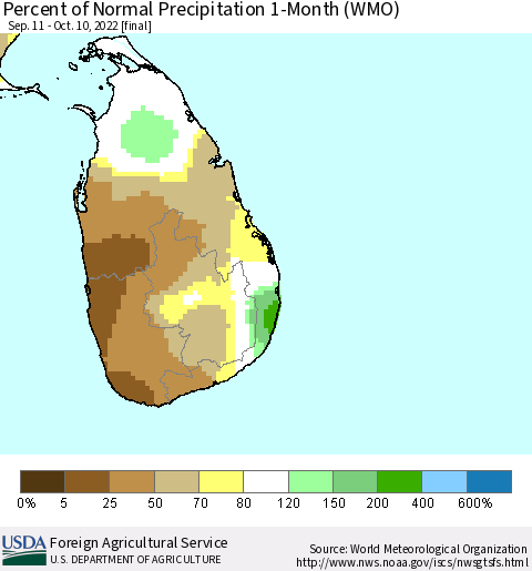 Sri Lanka Percent of Normal Precipitation 1-Month (WMO) Thematic Map For 9/11/2022 - 10/10/2022