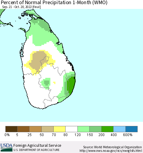 Sri Lanka Percent of Normal Precipitation 1-Month (WMO) Thematic Map For 9/21/2022 - 10/20/2022
