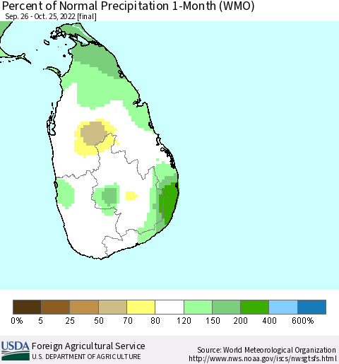 Sri Lanka Percent of Normal Precipitation 1-Month (WMO) Thematic Map For 9/26/2022 - 10/25/2022