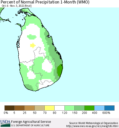 Sri Lanka Percent of Normal Precipitation 1-Month (WMO) Thematic Map For 10/6/2022 - 11/5/2022