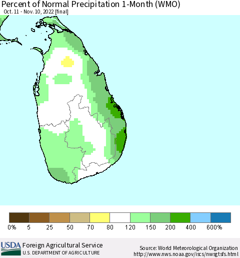 Sri Lanka Percent of Normal Precipitation 1-Month (WMO) Thematic Map For 10/11/2022 - 11/10/2022