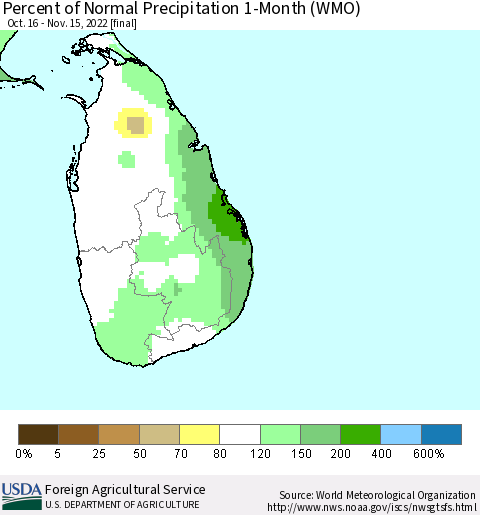 Sri Lanka Percent of Normal Precipitation 1-Month (WMO) Thematic Map For 10/16/2022 - 11/15/2022