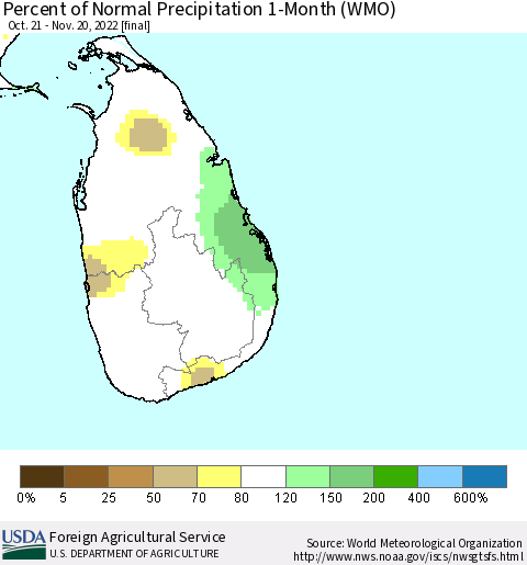 Sri Lanka Percent of Normal Precipitation 1-Month (WMO) Thematic Map For 10/21/2022 - 11/20/2022