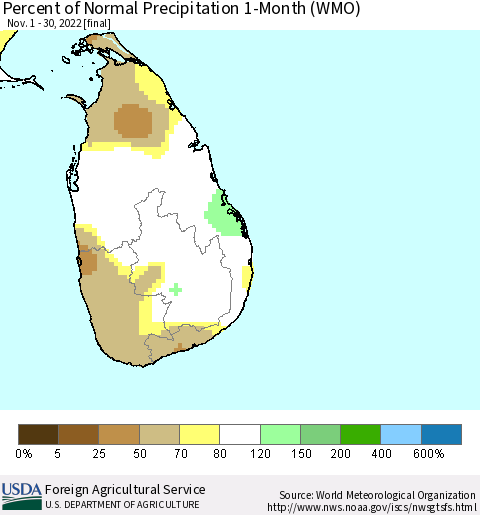 Sri Lanka Percent of Normal Precipitation 1-Month (WMO) Thematic Map For 11/1/2022 - 11/30/2022