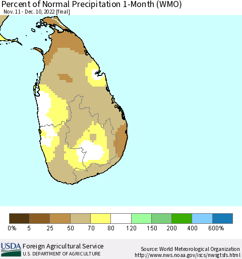 Sri Lanka Percent of Normal Precipitation 1-Month (WMO) Thematic Map For 11/11/2022 - 12/10/2022