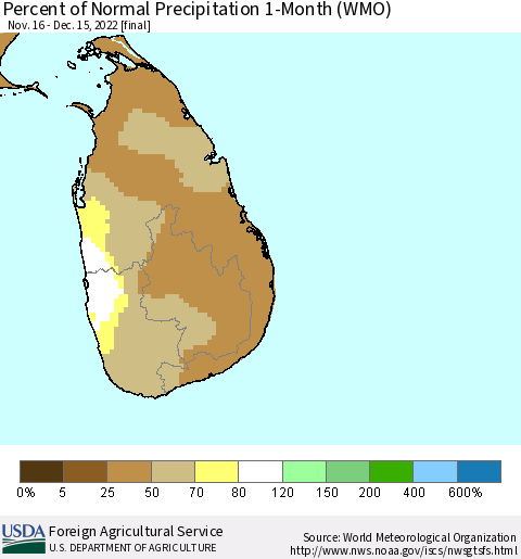 Sri Lanka Percent of Normal Precipitation 1-Month (WMO) Thematic Map For 11/16/2022 - 12/15/2022