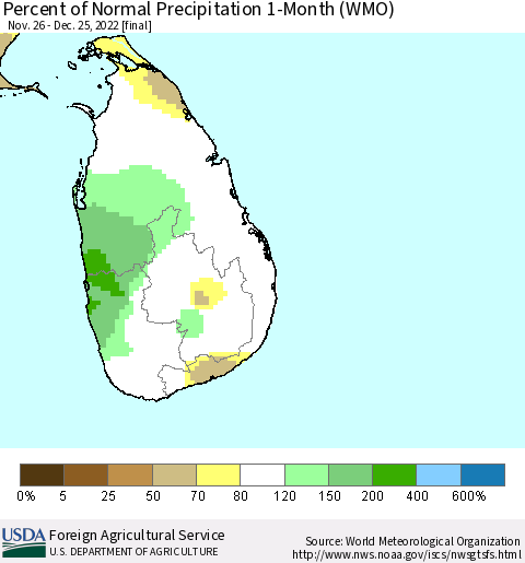 Sri Lanka Percent of Normal Precipitation 1-Month (WMO) Thematic Map For 11/26/2022 - 12/25/2022