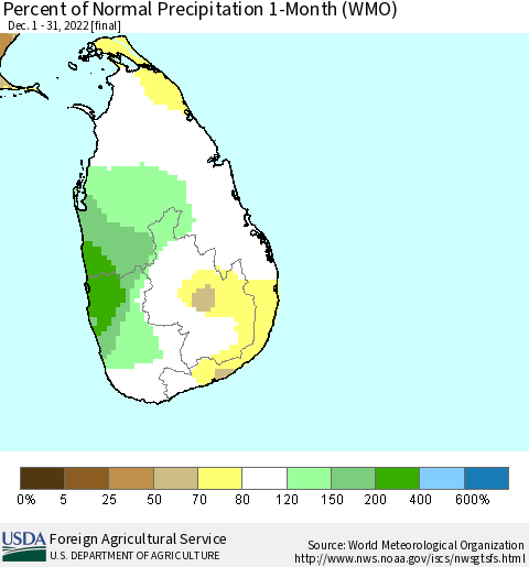 Sri Lanka Percent of Normal Precipitation 1-Month (WMO) Thematic Map For 12/1/2022 - 12/31/2022