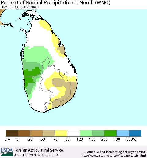 Sri Lanka Percent of Normal Precipitation 1-Month (WMO) Thematic Map For 12/6/2022 - 1/5/2023
