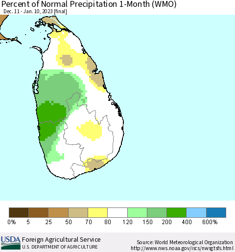 Sri Lanka Percent of Normal Precipitation 1-Month (WMO) Thematic Map For 12/11/2022 - 1/10/2023