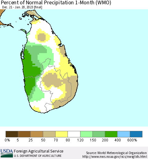 Sri Lanka Percent of Normal Precipitation 1-Month (WMO) Thematic Map For 12/21/2022 - 1/20/2023