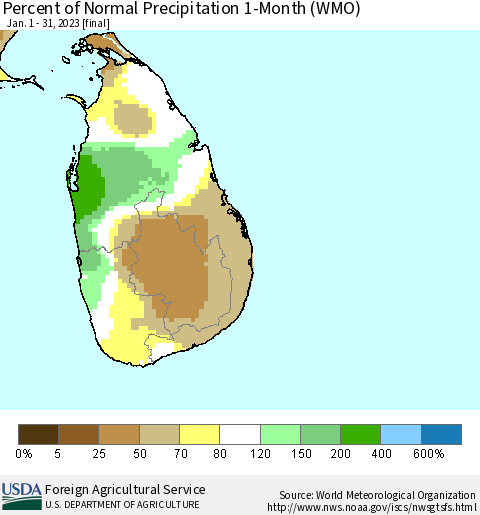 Sri Lanka Percent of Normal Precipitation 1-Month (WMO) Thematic Map For 1/1/2023 - 1/31/2023
