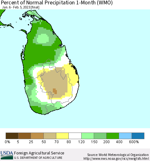 Sri Lanka Percent of Normal Precipitation 1-Month (WMO) Thematic Map For 1/6/2023 - 2/5/2023