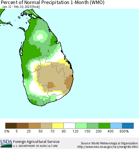 Sri Lanka Percent of Normal Precipitation 1-Month (WMO) Thematic Map For 1/11/2023 - 2/10/2023
