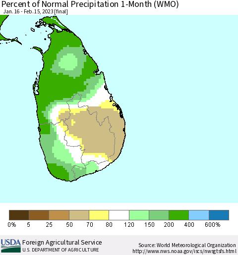 Sri Lanka Percent of Normal Precipitation 1-Month (WMO) Thematic Map For 1/16/2023 - 2/15/2023