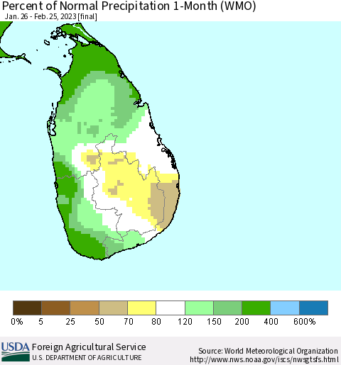 Sri Lanka Percent of Normal Precipitation 1-Month (WMO) Thematic Map For 1/26/2023 - 2/25/2023