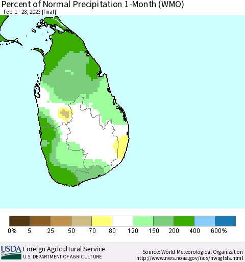 Sri Lanka Percent of Normal Precipitation 1-Month (WMO) Thematic Map For 2/1/2023 - 2/28/2023