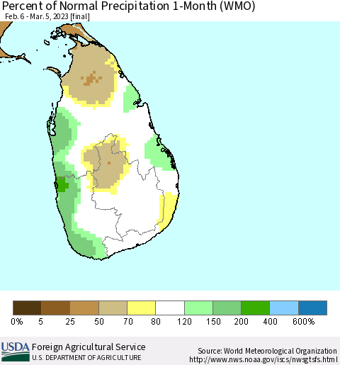 Sri Lanka Percent of Normal Precipitation 1-Month (WMO) Thematic Map For 2/6/2023 - 3/5/2023