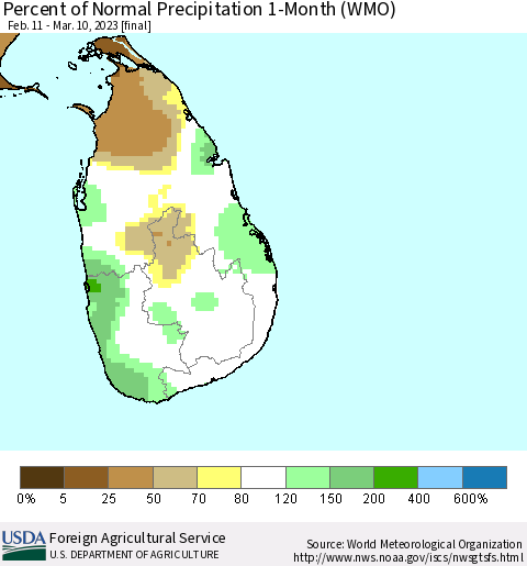 Sri Lanka Percent of Normal Precipitation 1-Month (WMO) Thematic Map For 2/11/2023 - 3/10/2023