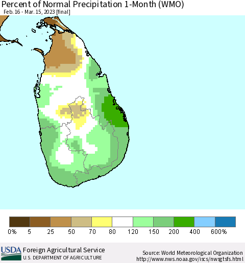 Sri Lanka Percent of Normal Precipitation 1-Month (WMO) Thematic Map For 2/16/2023 - 3/15/2023