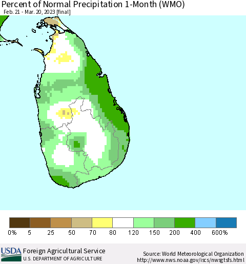 Sri Lanka Percent of Normal Precipitation 1-Month (WMO) Thematic Map For 2/21/2023 - 3/20/2023
