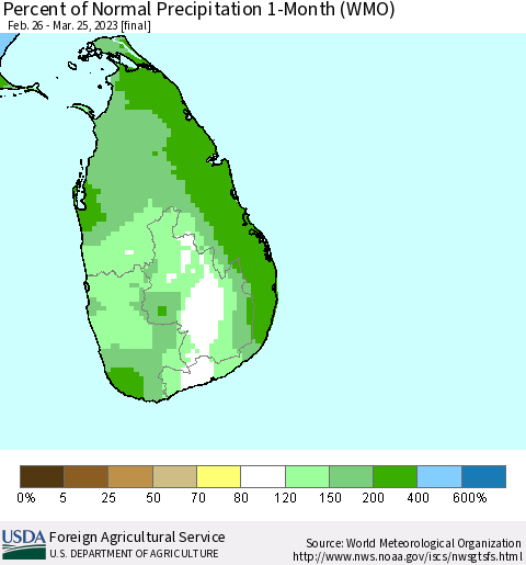 Sri Lanka Percent of Normal Precipitation 1-Month (WMO) Thematic Map For 2/26/2023 - 3/25/2023