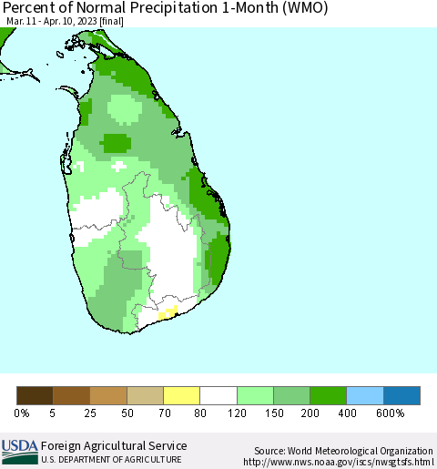 Sri Lanka Percent of Normal Precipitation 1-Month (WMO) Thematic Map For 3/11/2023 - 4/10/2023