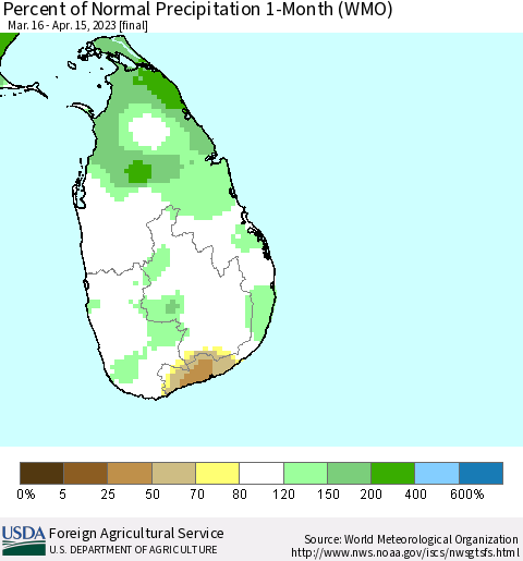 Sri Lanka Percent of Normal Precipitation 1-Month (WMO) Thematic Map For 3/16/2023 - 4/15/2023