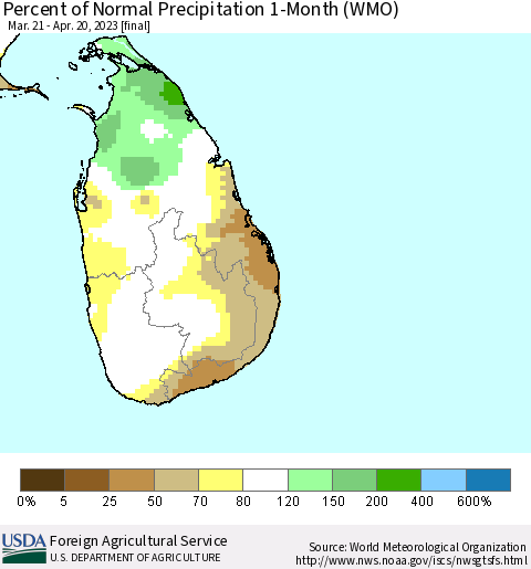 Sri Lanka Percent of Normal Precipitation 1-Month (WMO) Thematic Map For 3/21/2023 - 4/20/2023