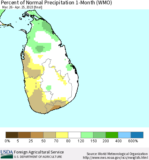 Sri Lanka Percent of Normal Precipitation 1-Month (WMO) Thematic Map For 3/26/2023 - 4/25/2023