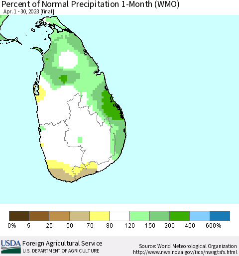 Sri Lanka Percent of Normal Precipitation 1-Month (WMO) Thematic Map For 4/1/2023 - 4/30/2023