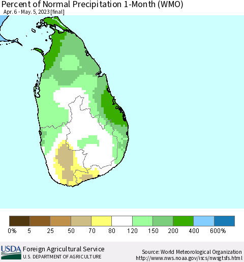 Sri Lanka Percent of Normal Precipitation 1-Month (WMO) Thematic Map For 4/6/2023 - 5/5/2023