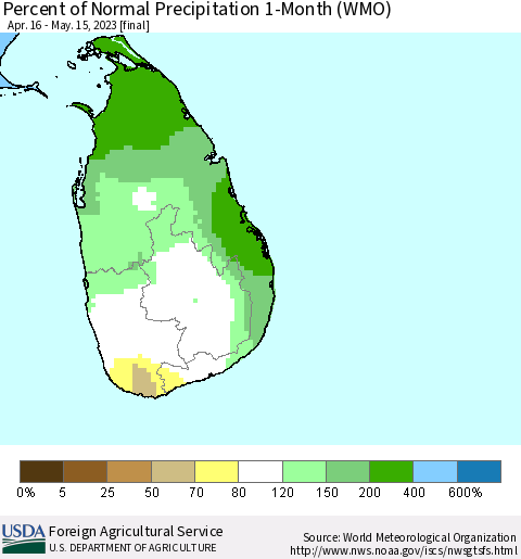 Sri Lanka Percent of Normal Precipitation 1-Month (WMO) Thematic Map For 4/16/2023 - 5/15/2023