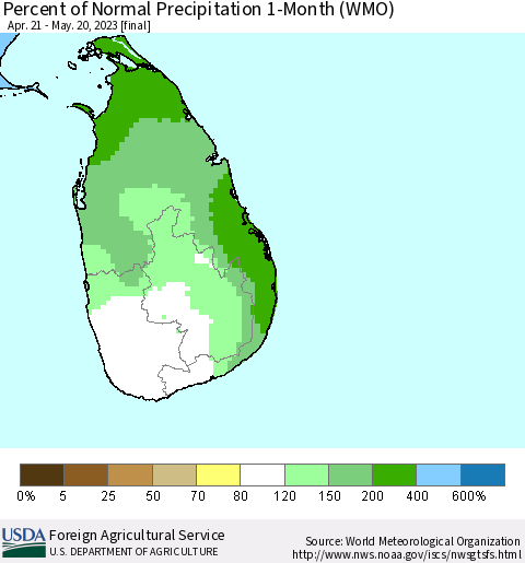 Sri Lanka Percent of Normal Precipitation 1-Month (WMO) Thematic Map For 4/21/2023 - 5/20/2023