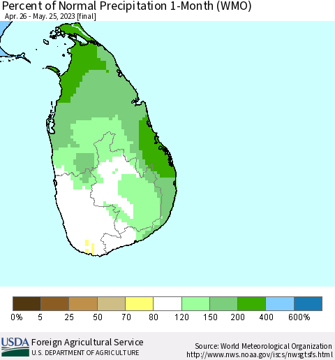 Sri Lanka Percent of Normal Precipitation 1-Month (WMO) Thematic Map For 4/26/2023 - 5/25/2023