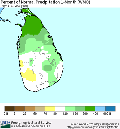 Sri Lanka Percent of Normal Precipitation 1-Month (WMO) Thematic Map For 5/1/2023 - 5/31/2023