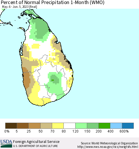 Sri Lanka Percent of Normal Precipitation 1-Month (WMO) Thematic Map For 5/6/2023 - 6/5/2023