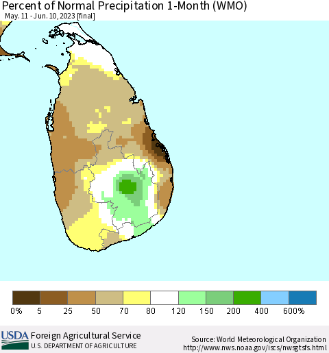 Sri Lanka Percent of Normal Precipitation 1-Month (WMO) Thematic Map For 5/11/2023 - 6/10/2023