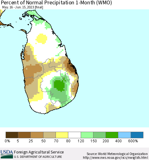 Sri Lanka Percent of Normal Precipitation 1-Month (WMO) Thematic Map For 5/16/2023 - 6/15/2023