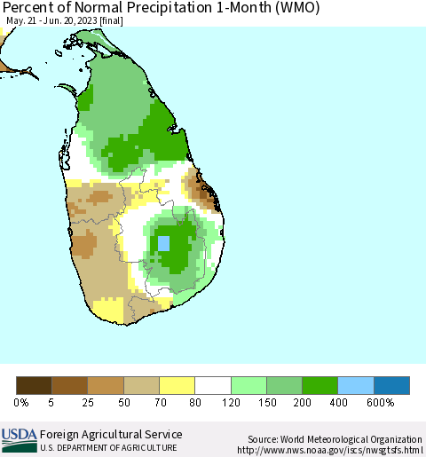 Sri Lanka Percent of Normal Precipitation 1-Month (WMO) Thematic Map For 5/21/2023 - 6/20/2023