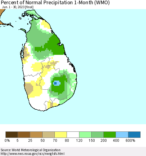 Sri Lanka Percent of Normal Precipitation 1-Month (WMO) Thematic Map For 6/1/2023 - 6/30/2023