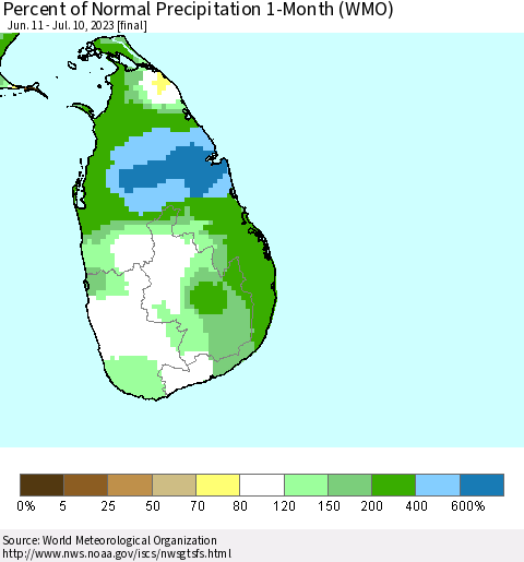 Sri Lanka Percent of Normal Precipitation 1-Month (WMO) Thematic Map For 6/11/2023 - 7/10/2023
