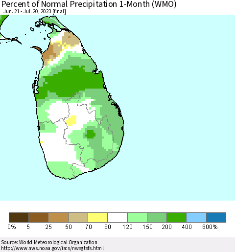 Sri Lanka Percent of Normal Precipitation 1-Month (WMO) Thematic Map For 6/21/2023 - 7/20/2023