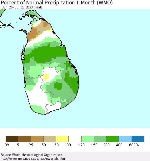 Sri Lanka Percent of Normal Precipitation 1-Month (WMO) Thematic Map For 6/26/2023 - 7/25/2023