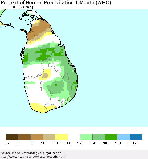 Sri Lanka Percent of Normal Precipitation 1-Month (WMO) Thematic Map For 7/1/2023 - 7/31/2023