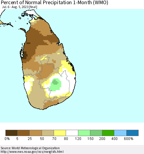 Sri Lanka Percent of Normal Precipitation 1-Month (WMO) Thematic Map For 7/6/2023 - 8/5/2023