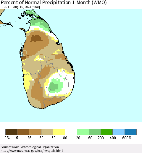 Sri Lanka Percent of Normal Precipitation 1-Month (WMO) Thematic Map For 7/11/2023 - 8/10/2023